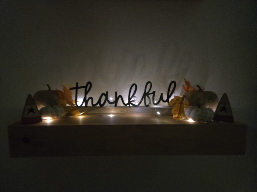 Rechargeable fairy lights set up and lit up in a dark room with a decorated shelf