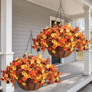 Artificial fall hanging baskets with orange and yellow flowers