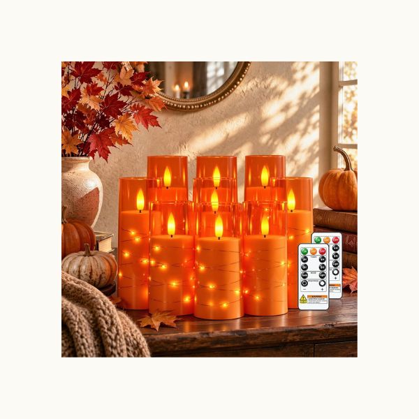 Raycare 9 Pcs Orange Halloween Flameless Pillar Candles
